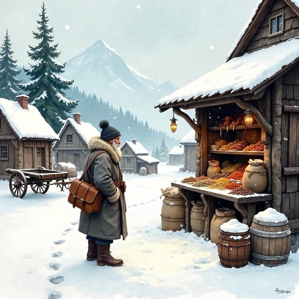 The Snowy Merchant in a Winter Watercolor