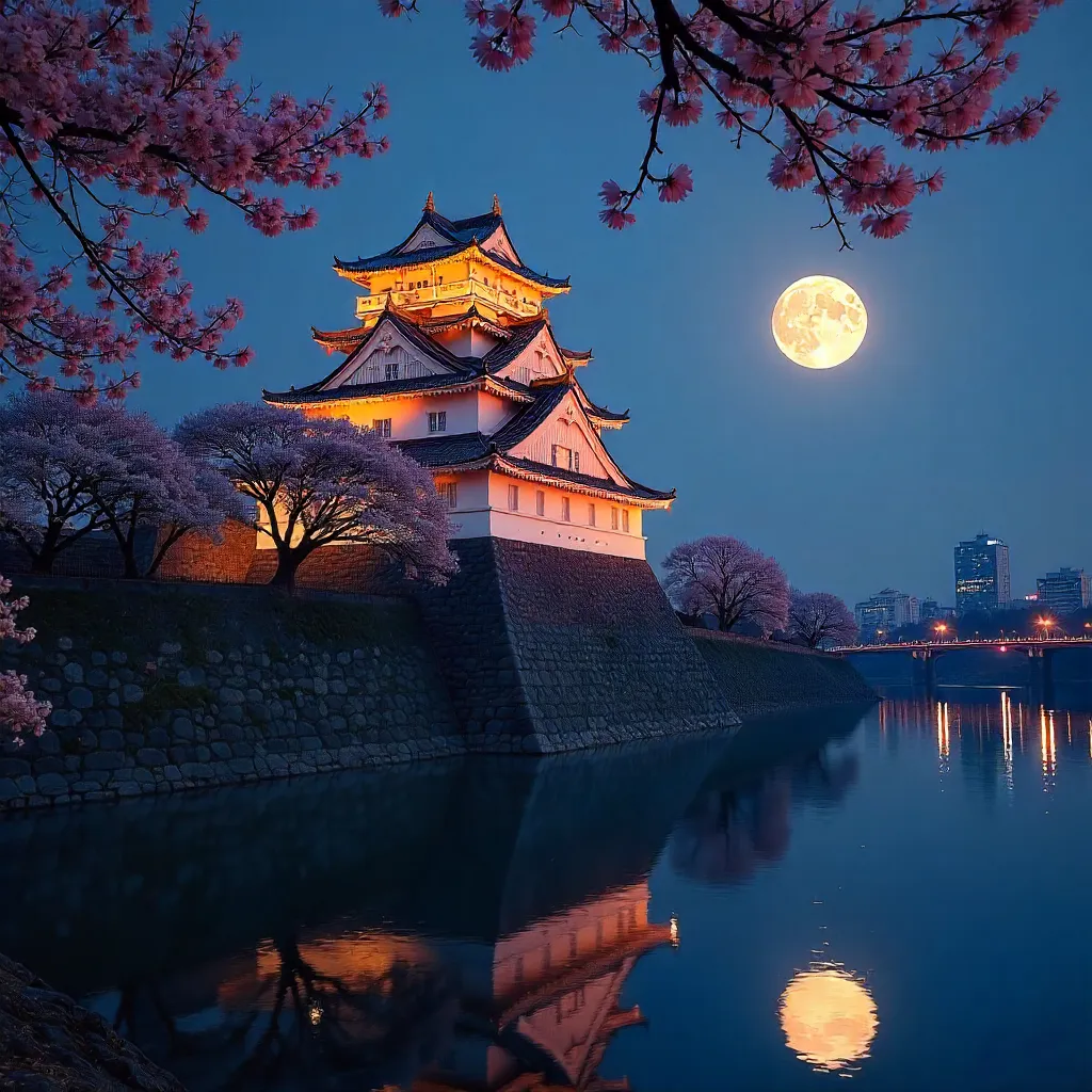 Evening Moon Over Osaka Castle