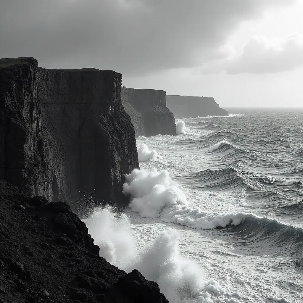 Monochrome Clash: Waves and Cliff Seascape