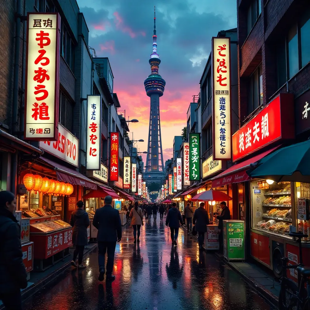 Lively Tokyo Street with Skytree View