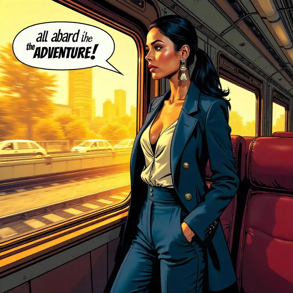Elegant Latina Heroine in a Comic Train Scene