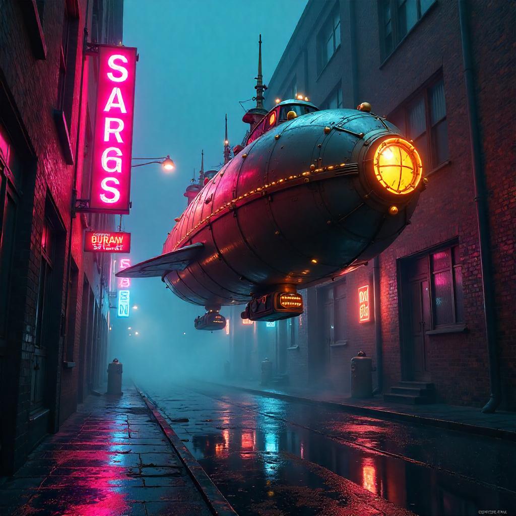 Airship Over Neon Alley: Cyberpunk Night Scene