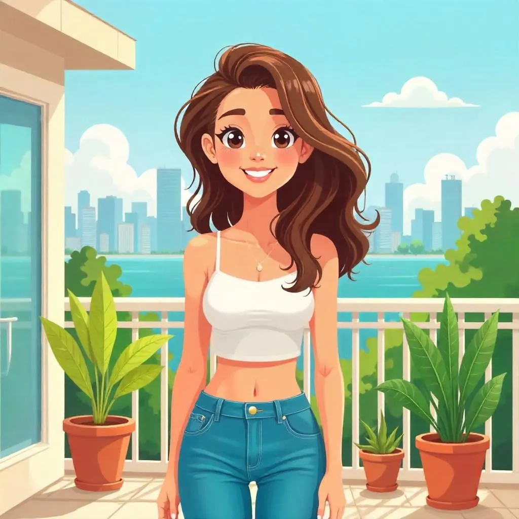 Cartoon Terrace Portrait of a Young White Woman