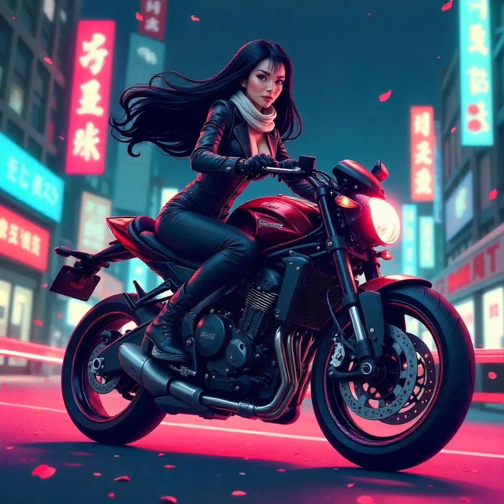 Elegant Asian Woman on a Cartoon Motorcycle