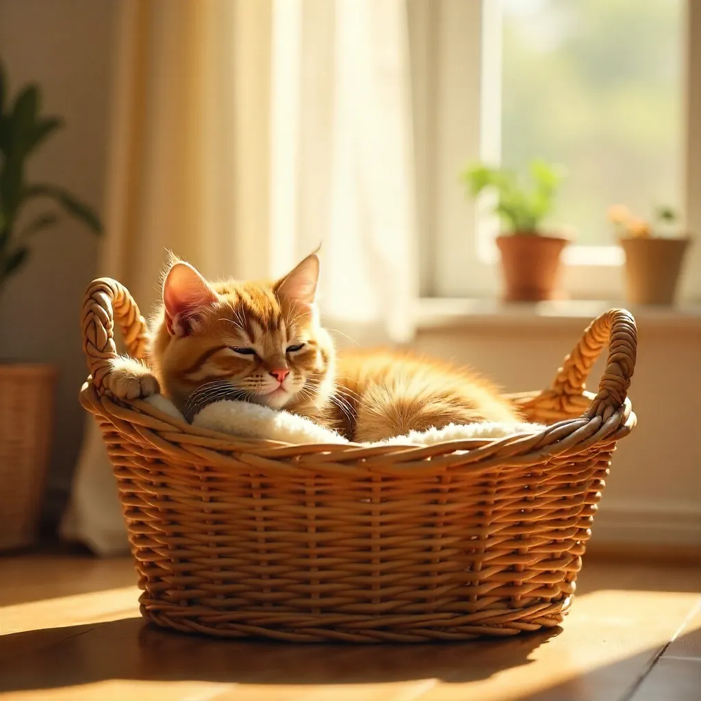 Ginger Kitten in a Sunlit Wicker Basket