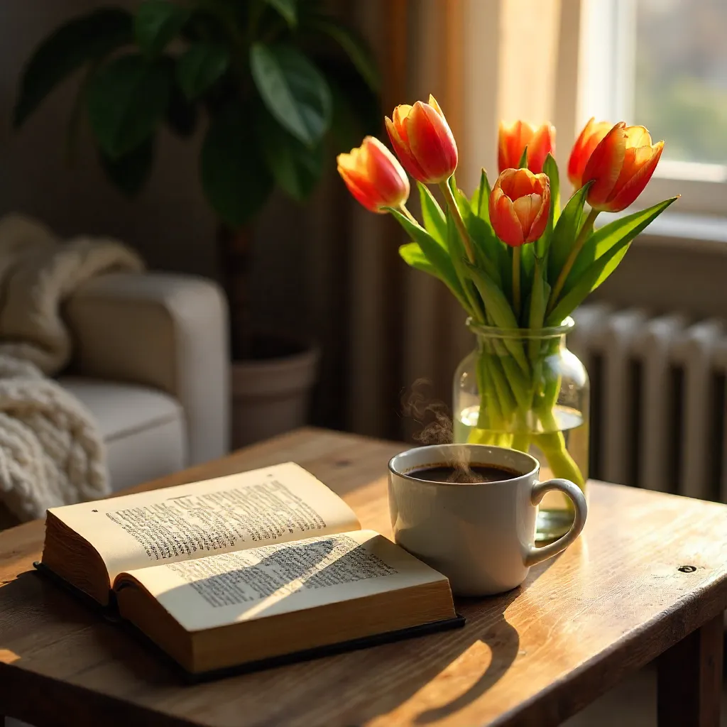 Cozy Tabletop Scene: Book, Coffee, and Tulips