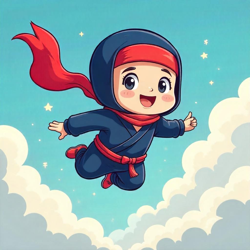 Cloudbound Cartoon Ninja Floating in the Sky
