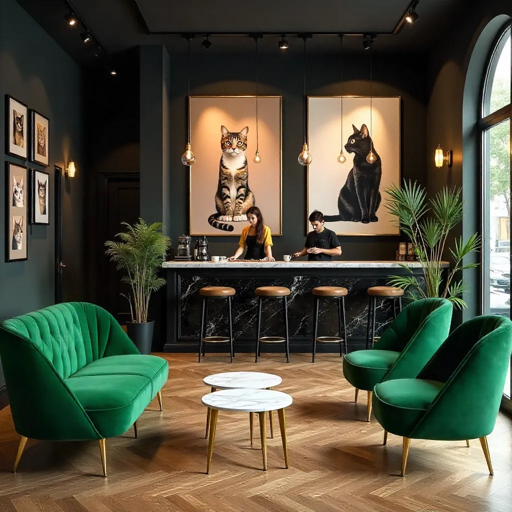 Elegant Cat Art in a Modern Café Interior