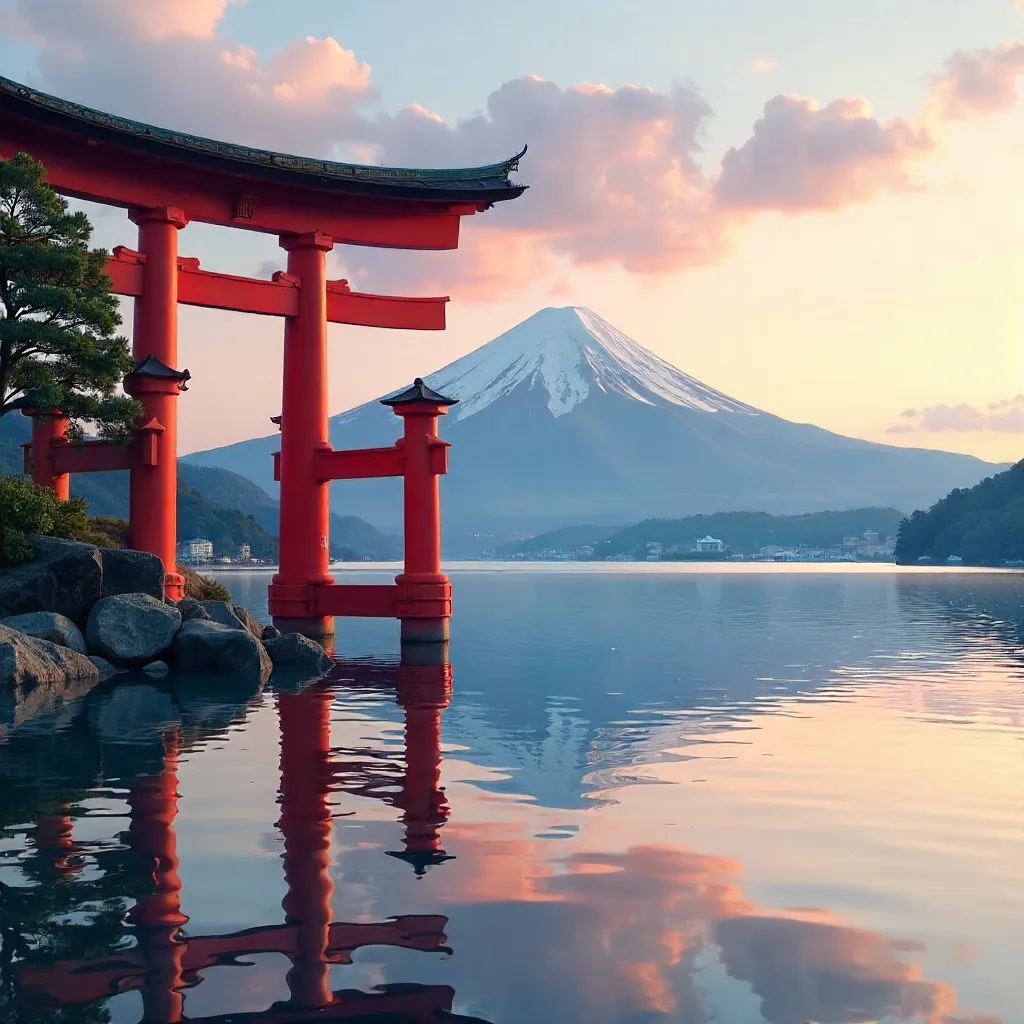 Torii Gate on Lake Ashi with Mount Fuji Sunrise