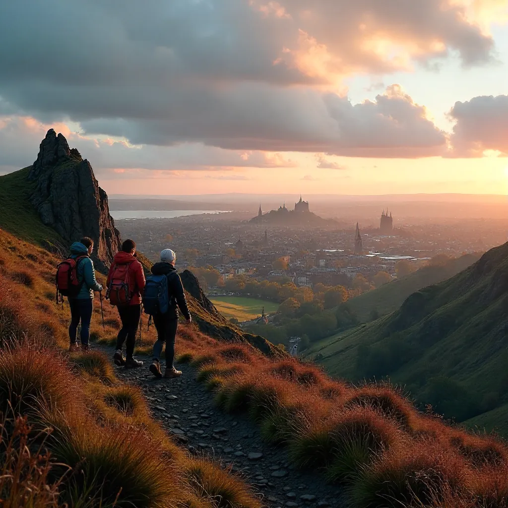 Hikers atop Arthur's Seat: Edinburgh Panorama