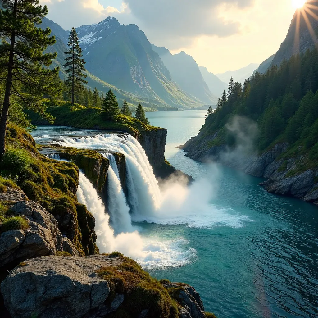 Cascading Waterfall in Ullensvang, Vestland, Norway