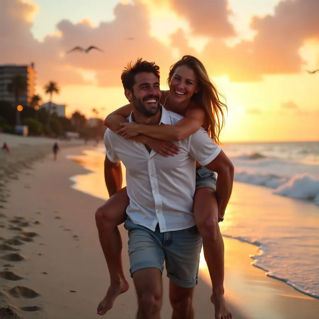 Sunset Piggyback Joy on the Beach