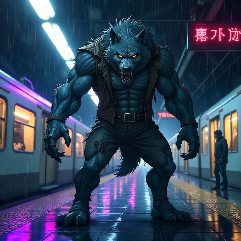 Midnight Werewolf in the Neon Train Station