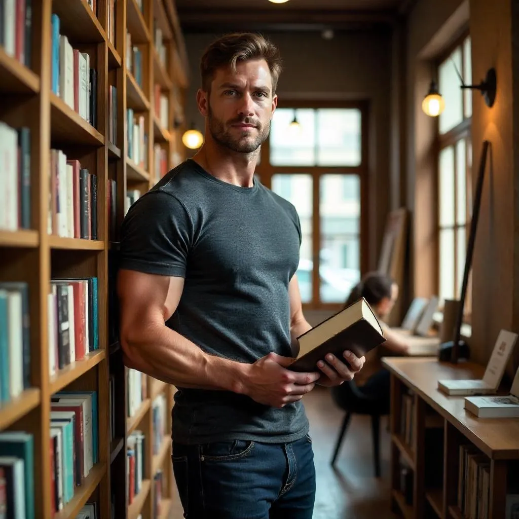 Athletic Caucasian man in a cozy bookstore