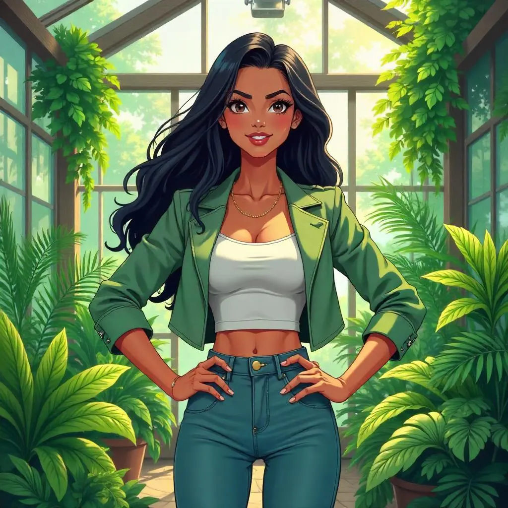 Confident Latina in a Lush Greenhouse (Anime)