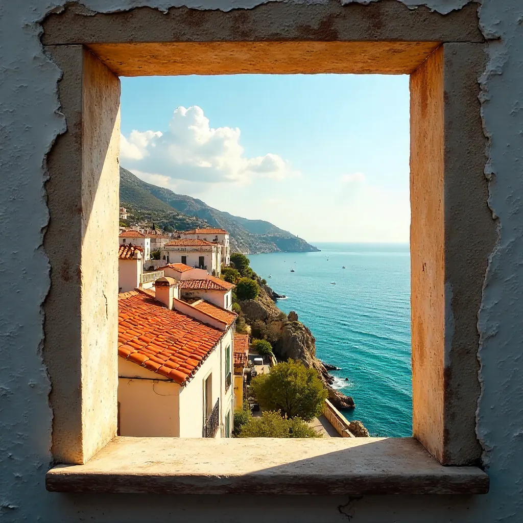 Rustic Window over Mediterranean Terracotta Rooftops