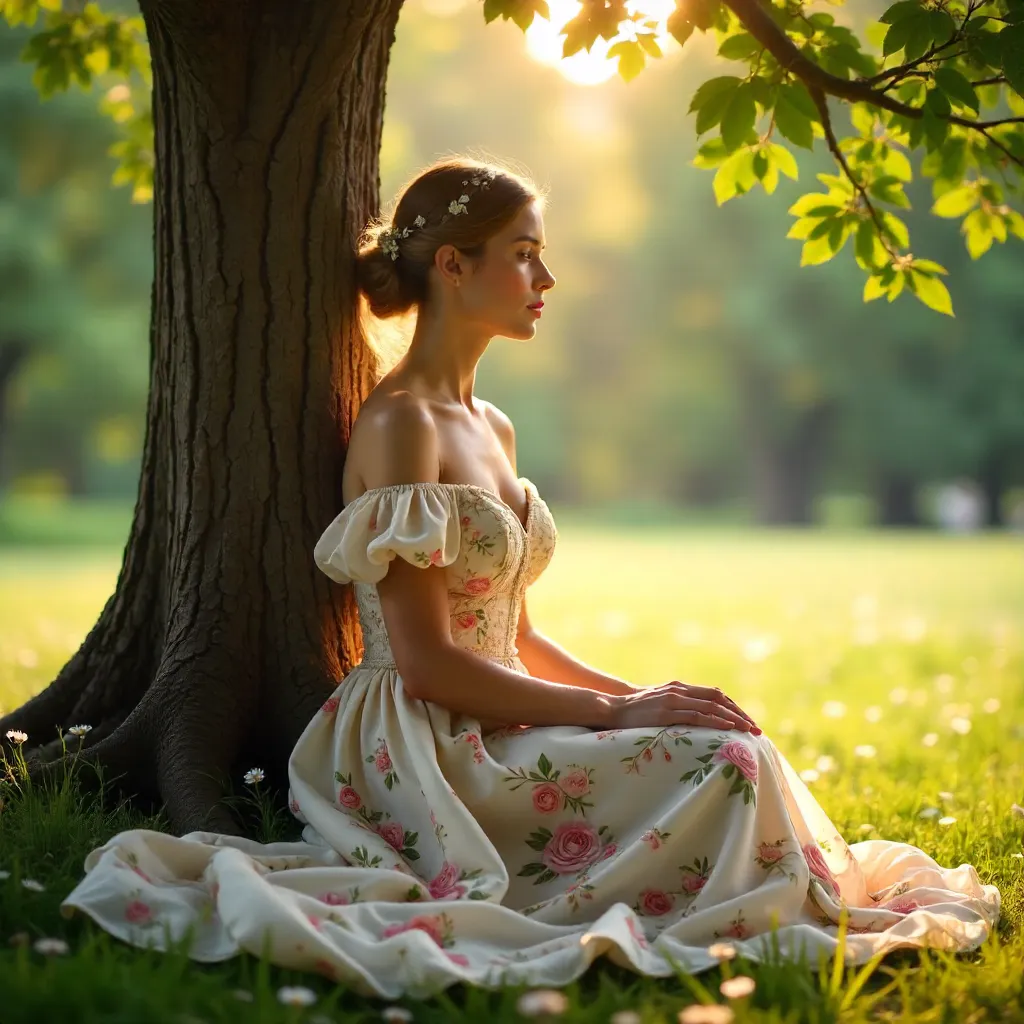 Dappled Light: Woman in a Floral Gown by a Tree