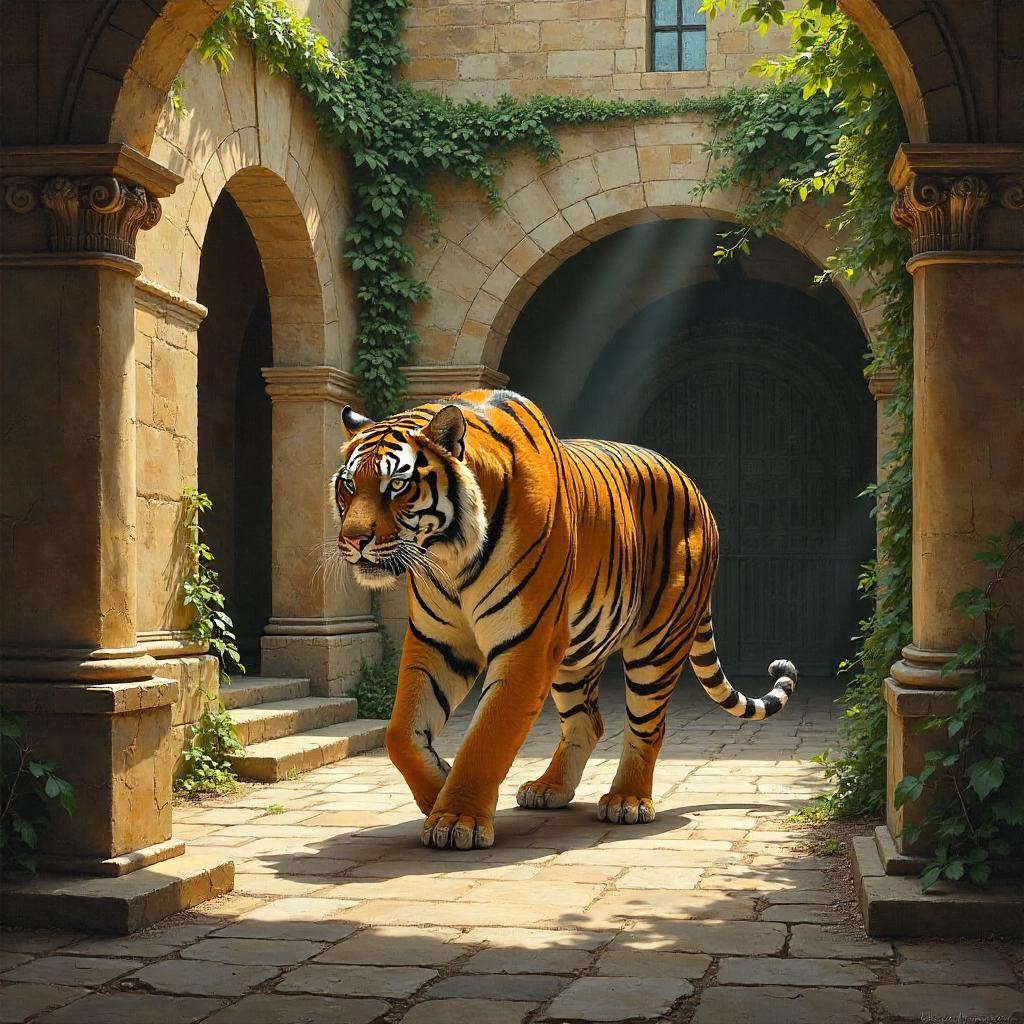 Tiger in a Castle Courtyard - Oil Painting