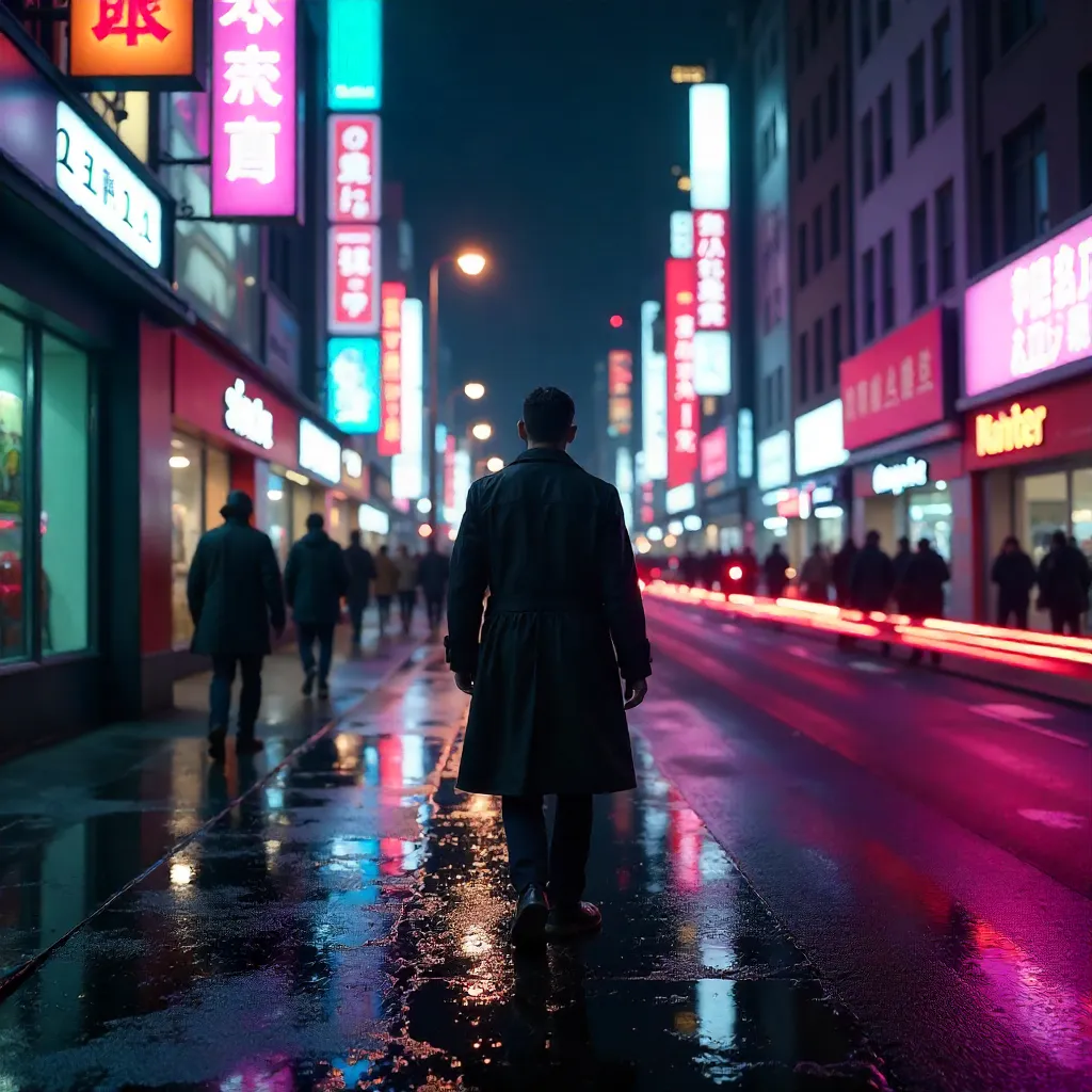 Neon Night Wanderer Through Luminous Streets