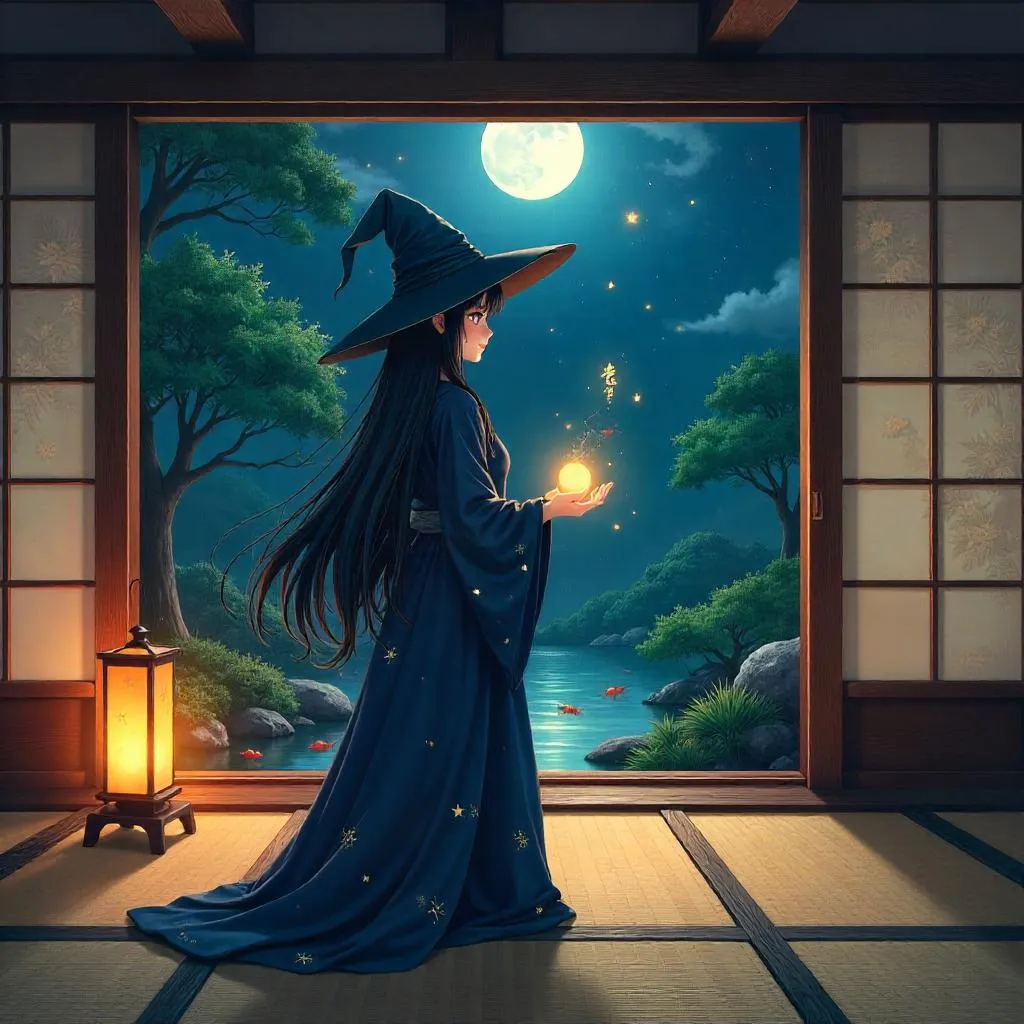Anime Witch in a Tranquil Zen Temple