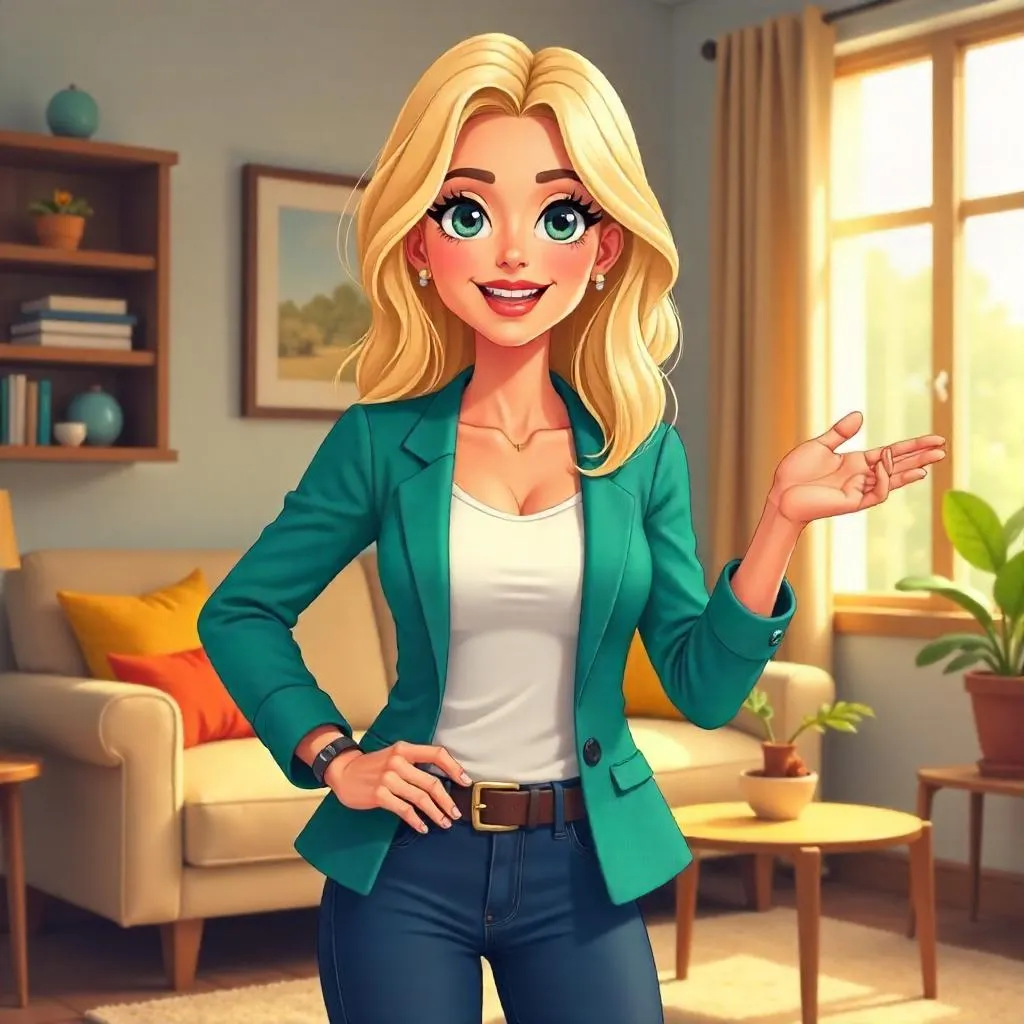 Confident White Woman in a Cartoon Living Room