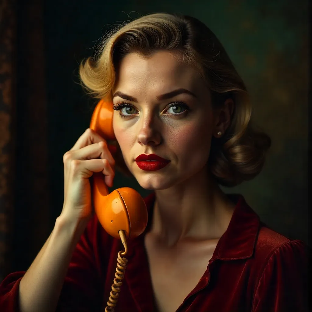 Moody Close-Up Portrait of a Woman with Orange Telephone