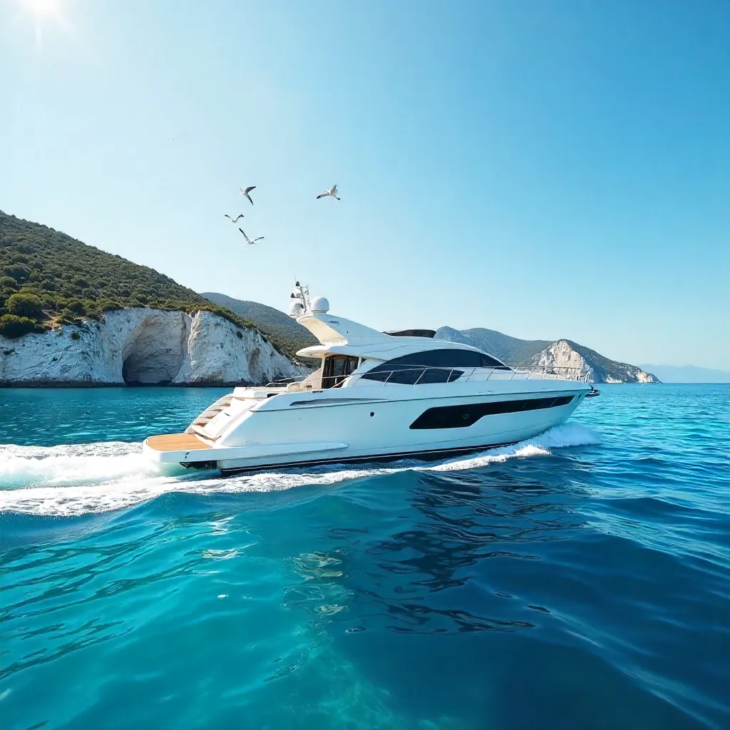 Serene Yacht Gliding over Zakynthos' Blue Ionian Waters