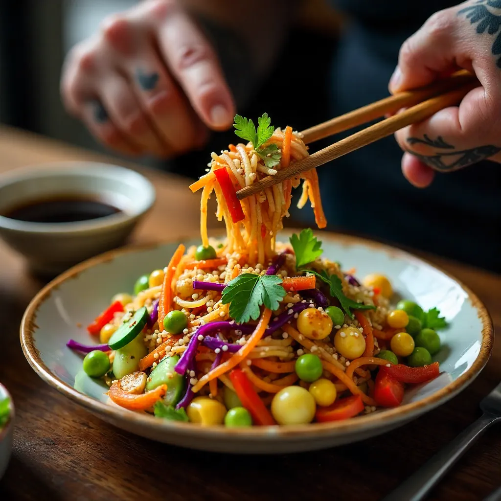 Tattooed Hand Dining on a Colorful Asian Salad with Soy