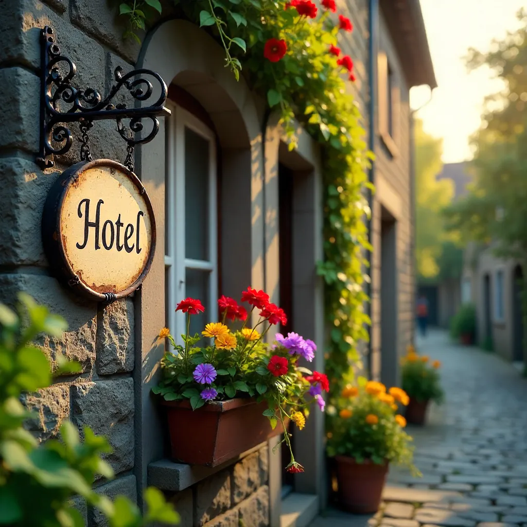 Charming Stone Wall with Flowers and Vintage Sign