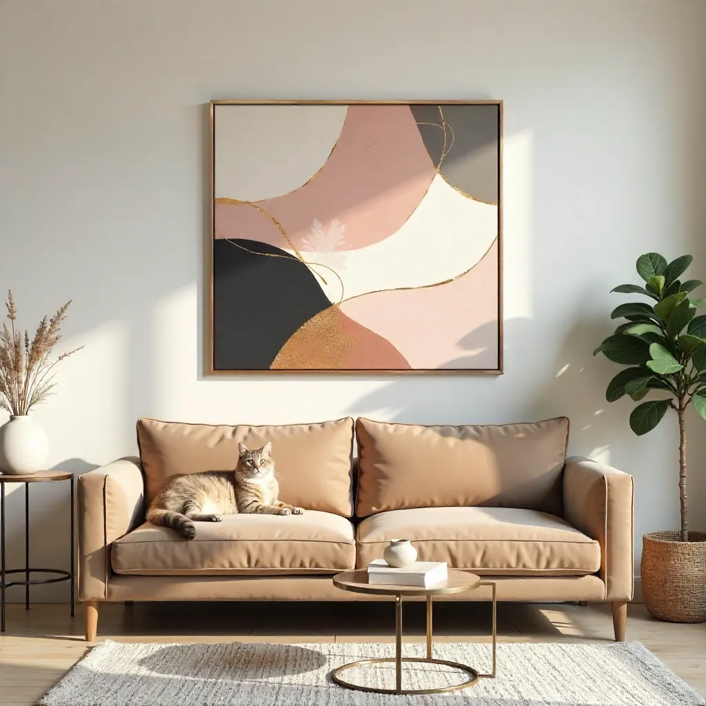 Serene Chic Living Room with Cat and Abstract Wall Art