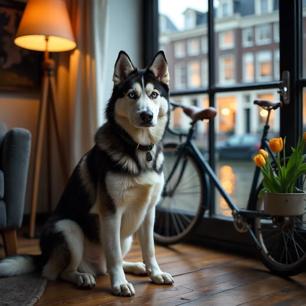 Charming Heterochromia Husky in Amsterdam Interior