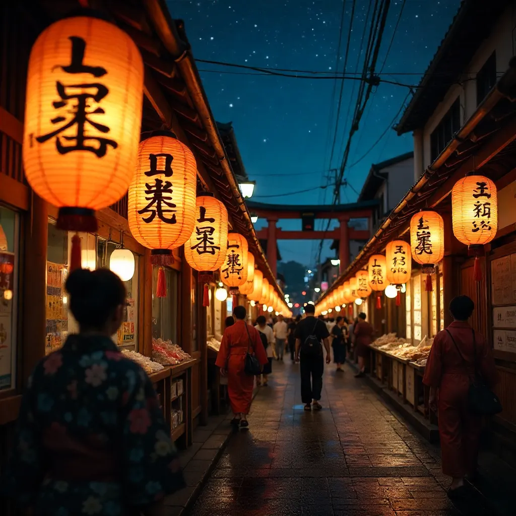 Luminous Kanji Lanterns at a Night Festival in Japan