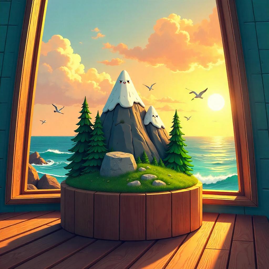 Whimsical Cartoon Mountain Inside a Lighthouse