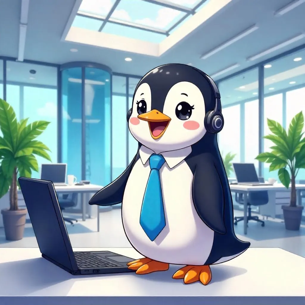 Anime Penguin in a Bright Modern Office