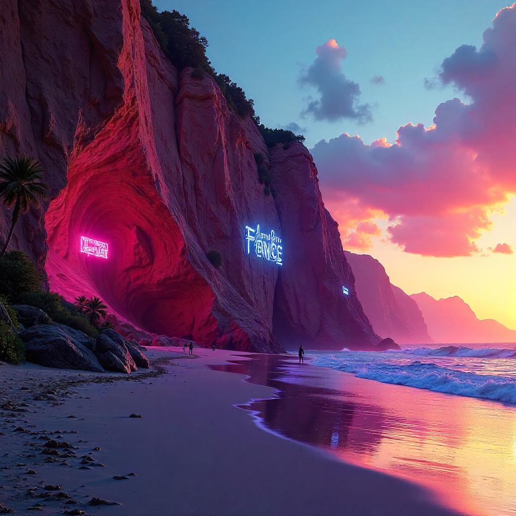 Neon Canyon Beach: A Cyberpunk Coastal Scene