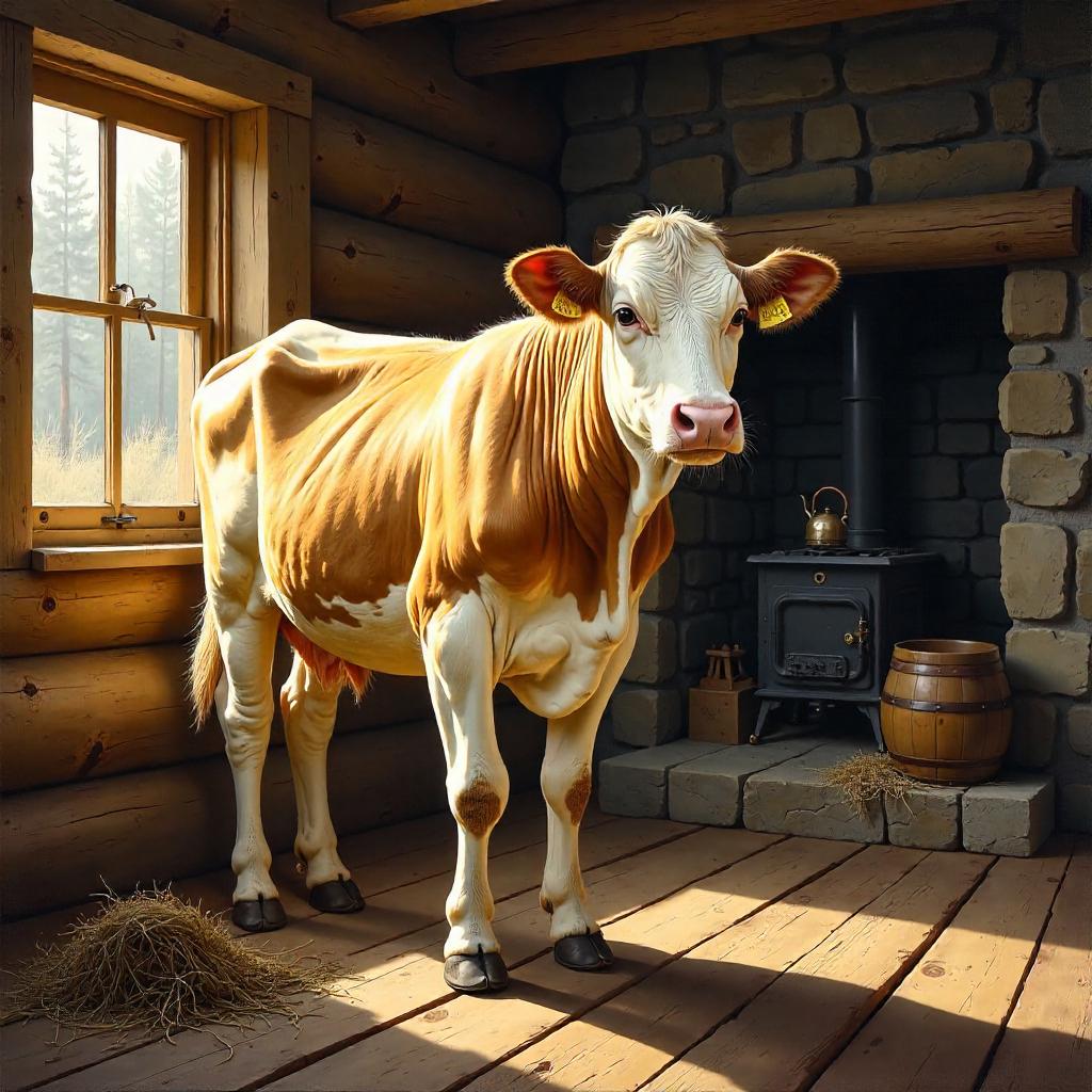 Cozy Cow in a Log Cabin - Oil Painting