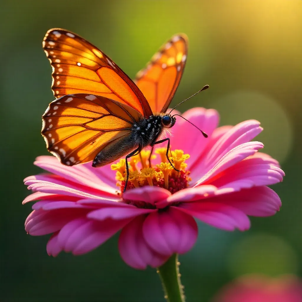 Sunlit Orange Butterfly on a Pink Zinnia