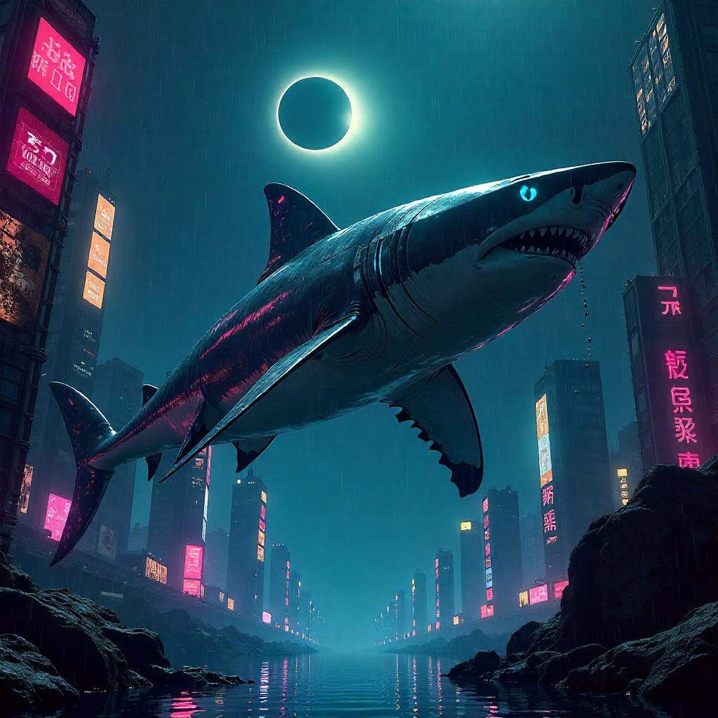 Neon Eclipse Shark in a Cyberpunk City