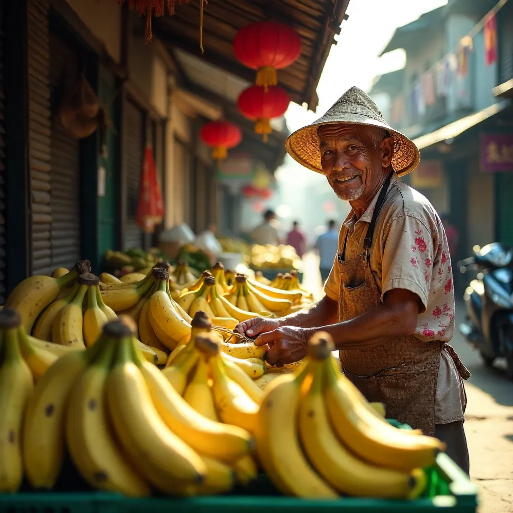 Sunlit Bananas: Elderly Vendor at Asian Market
