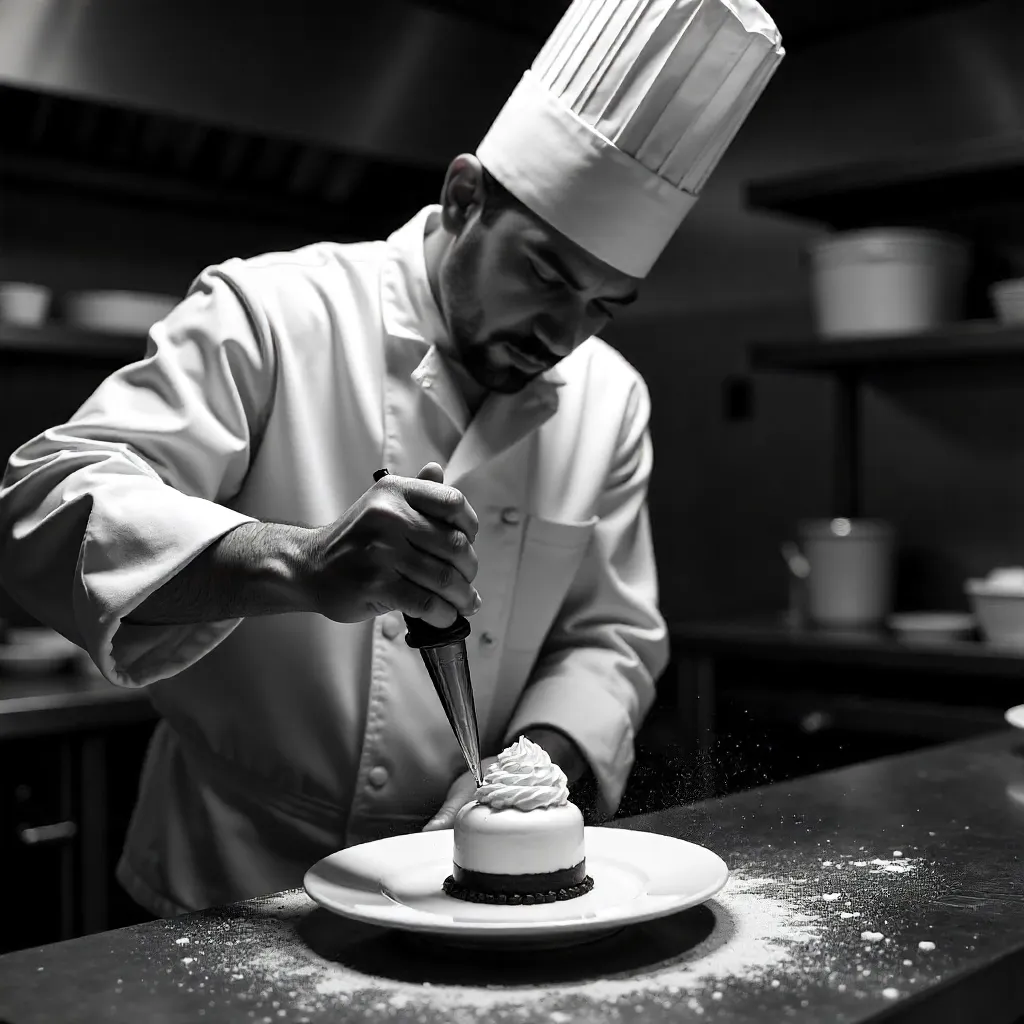 Monochrome Pastry Chef Decorating a Dessert