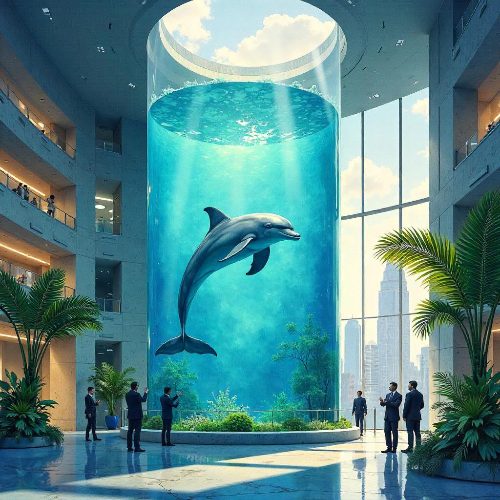 Watercolor Dolphin in a Skyscraper Aquarium