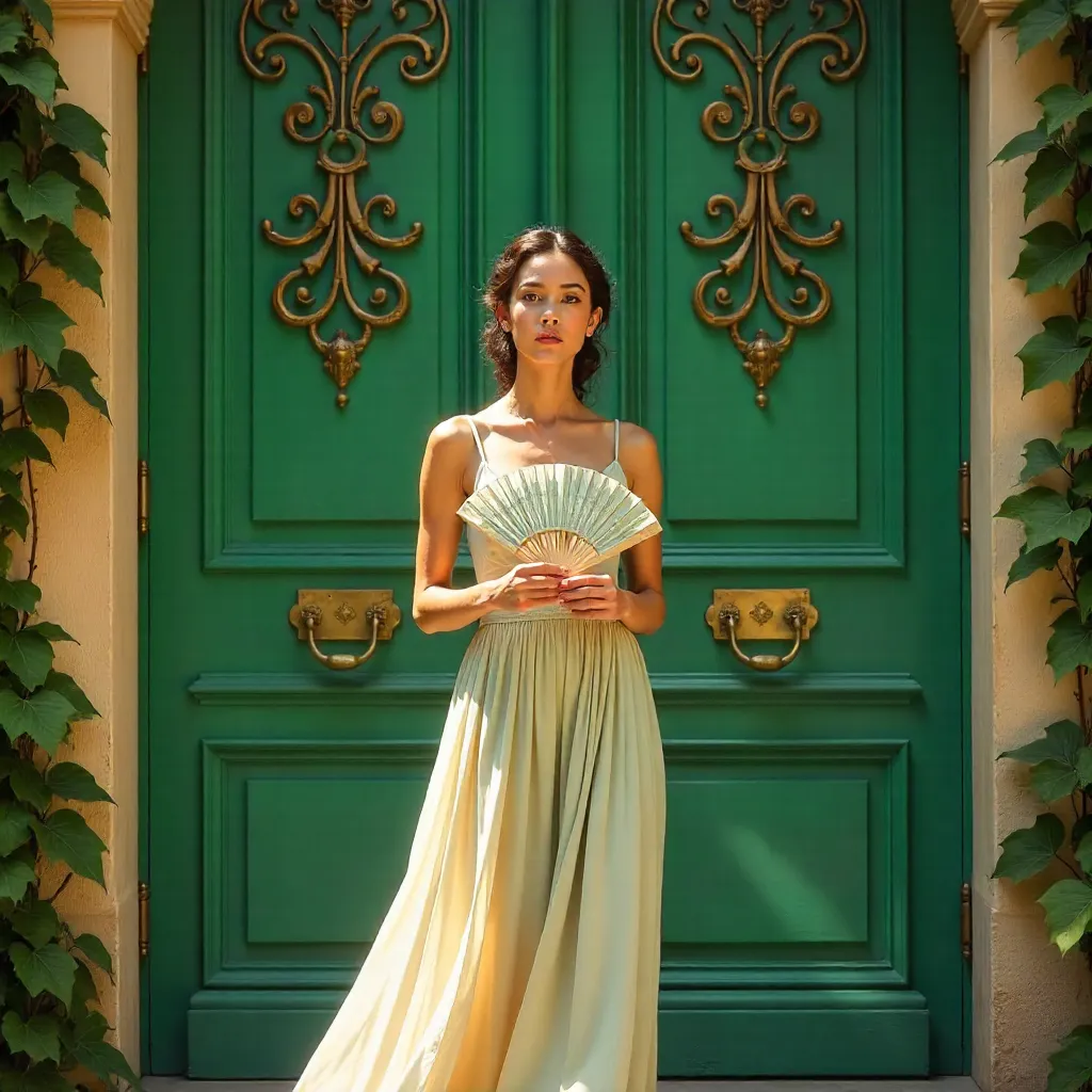 Woman with Fan Before Emerald Doors