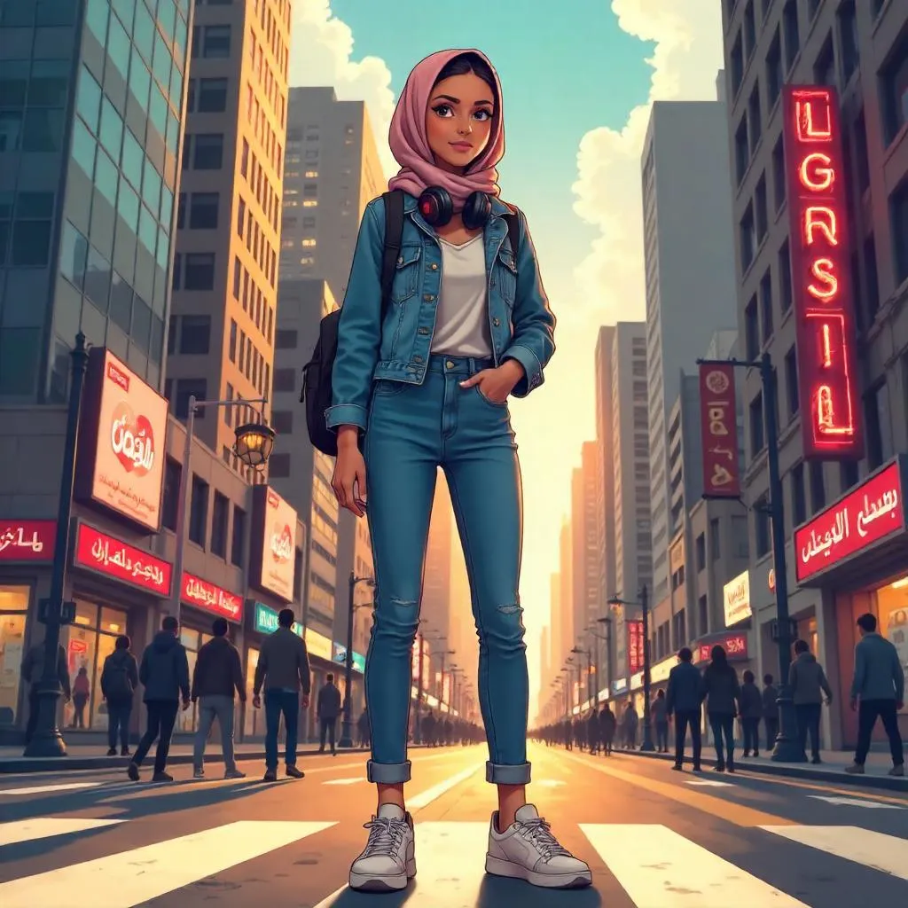 Anime Middle Eastern Woman in a Neon Downtown