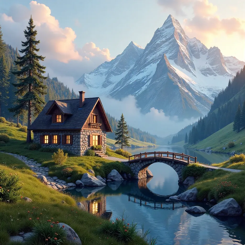 Tranquil Alpine Cottage by Snowy Peaks
