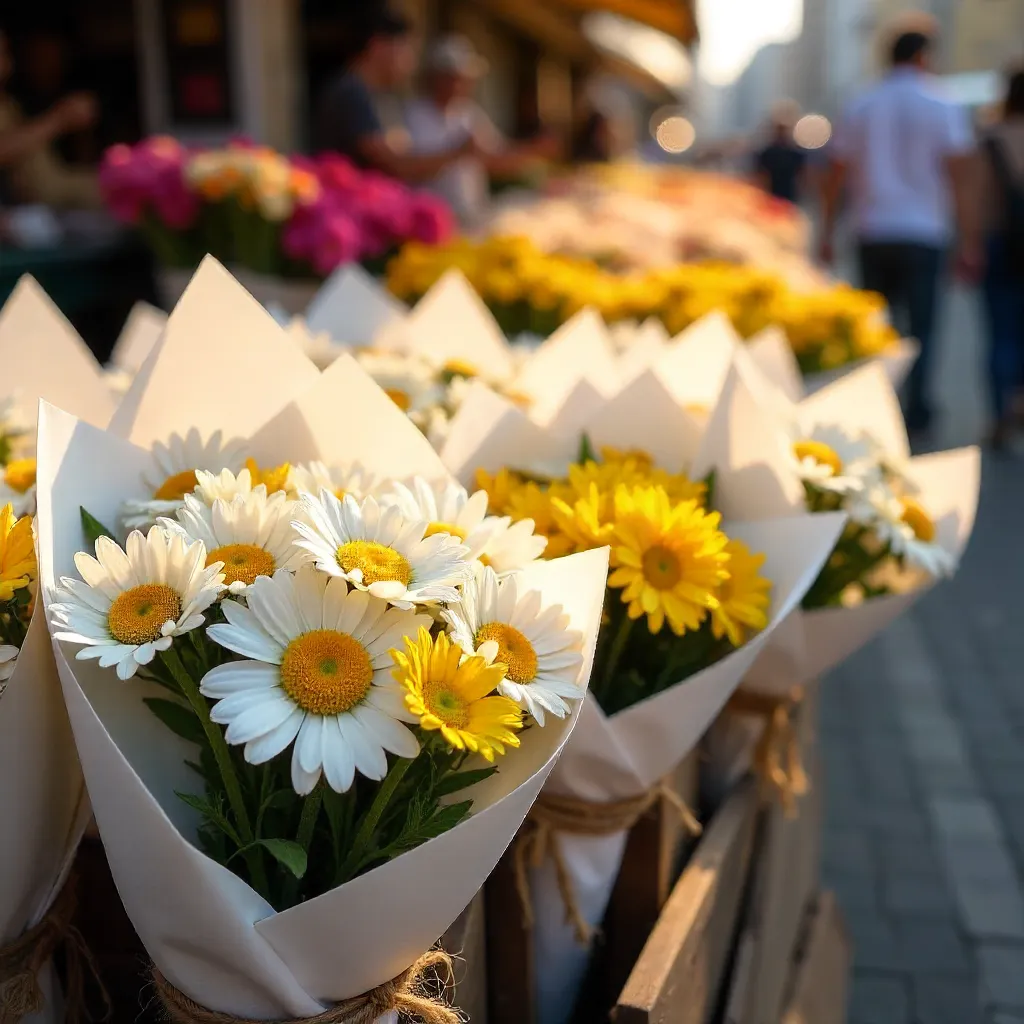 Vibrant Daisy Bouquets in White Wrapped Paper at Market