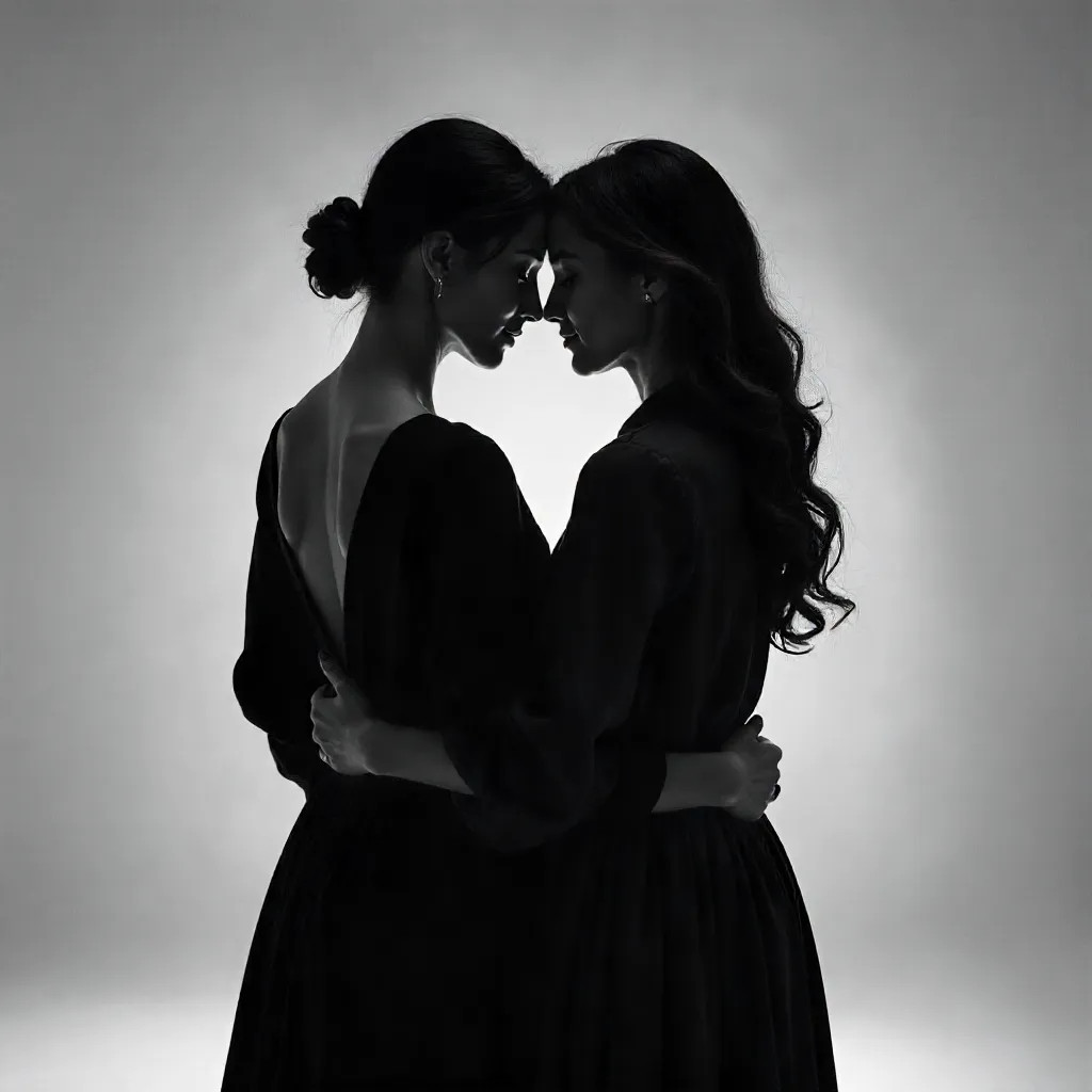 Backlit Embrace: Elegant B&W Portrait of Two Women