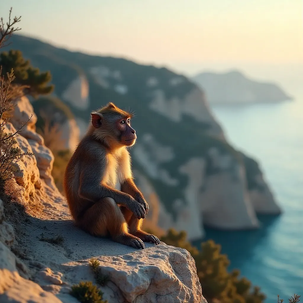 Sunlit Barbary Macaque on Rock of Gibraltar