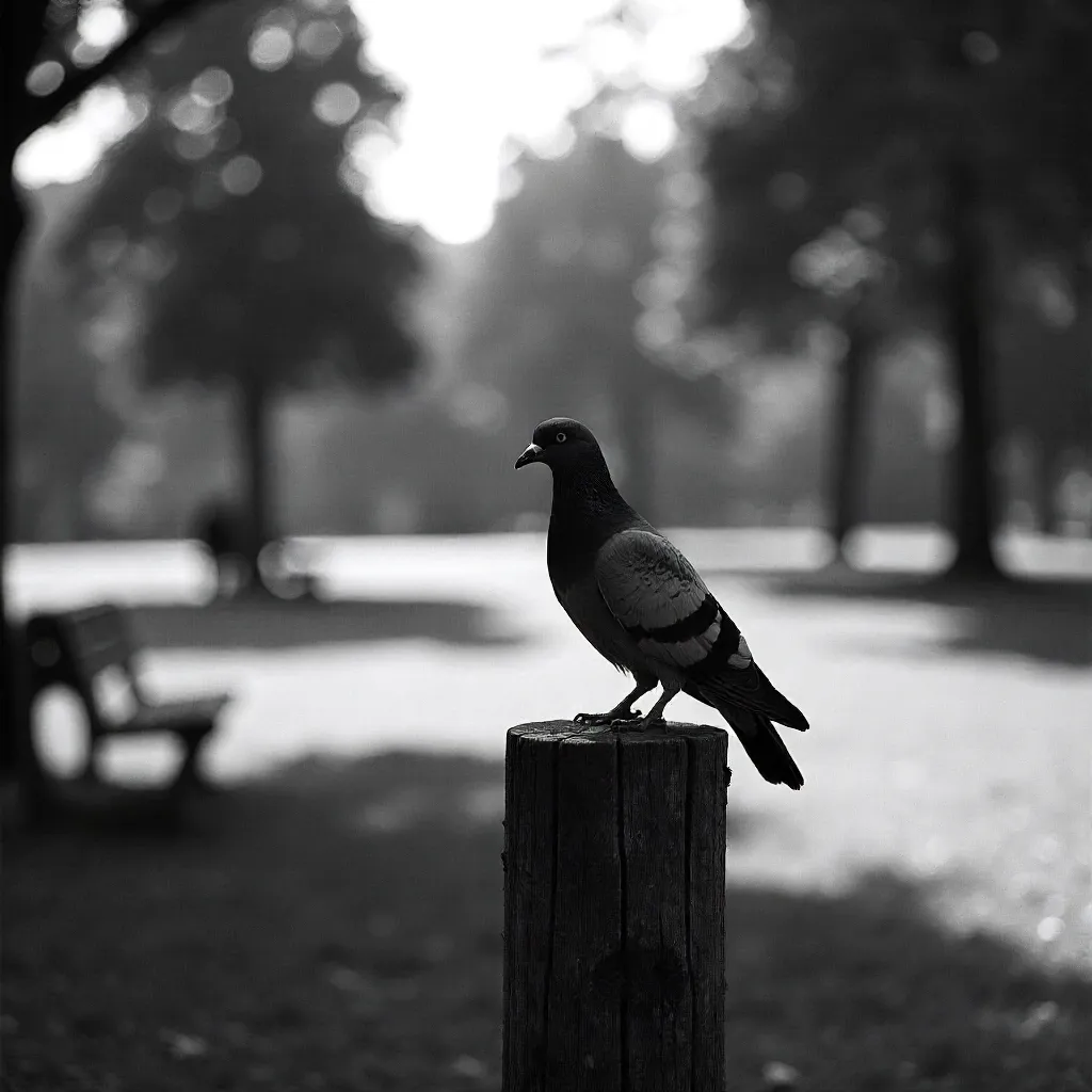 Monochrome Pigeon on a Park Post in Buenos Aires