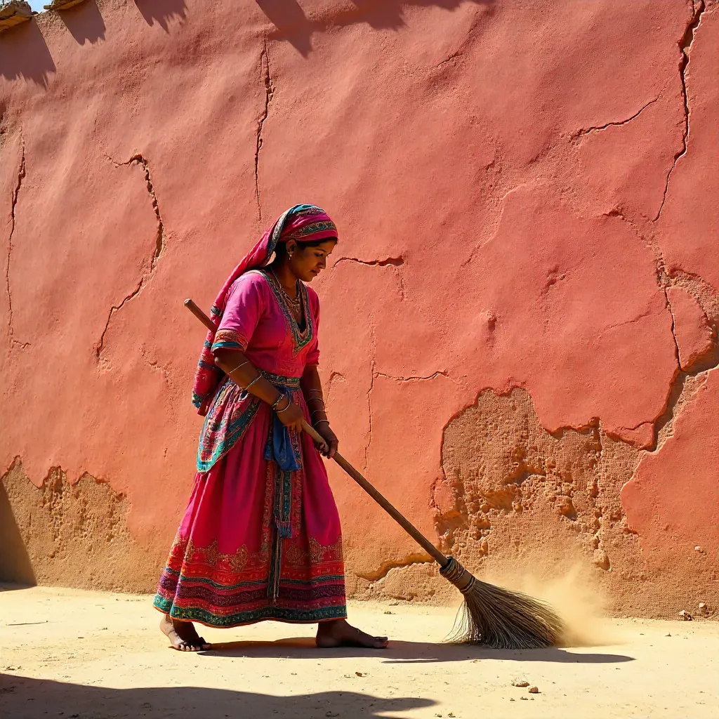 Sweeping in Sunlight Before a Pink Clay Wall