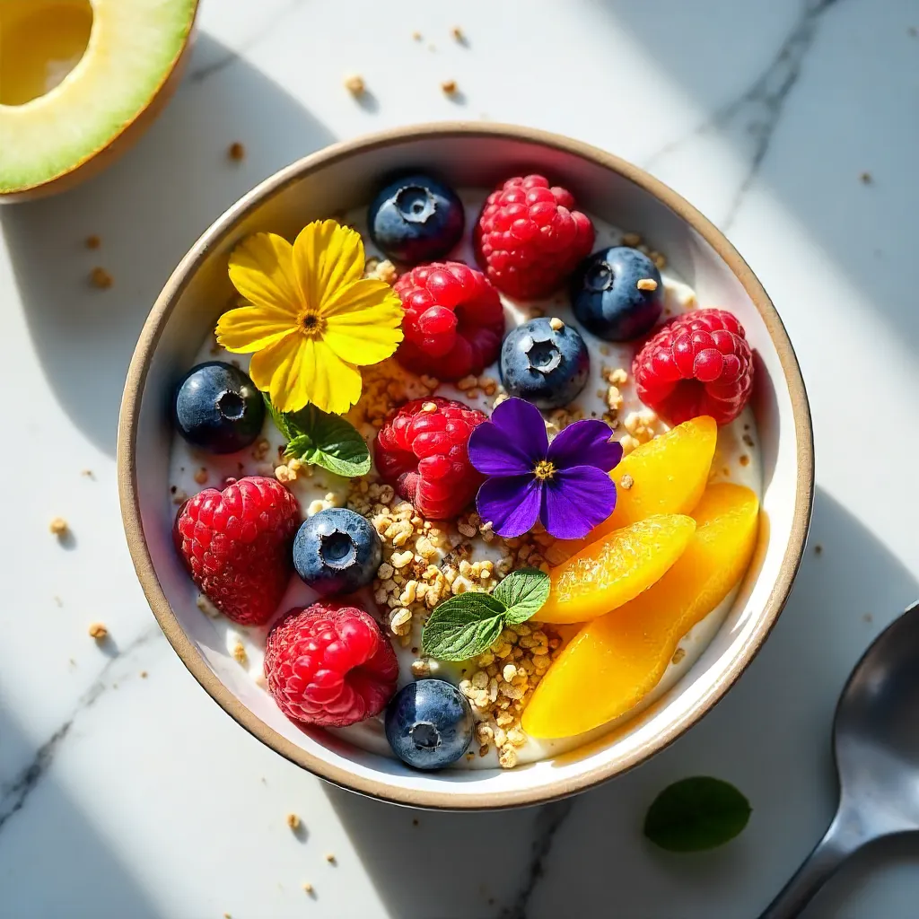 Fruit, Grains, and Edible Flowers Breakfast Bowl on Marble
